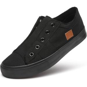 imageWomens Slip on Shoes Non Slip Fashion Canvas Sneakers Low Top Casual ShoesBlack Monochrome