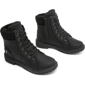 imageXRH Women Lace Up Combat Boot Winter SnowBoots Warm Fur Lined Ankle Booties Waterproof Hiking Boot for Women Non Slip Leather Boots ShoesBlack