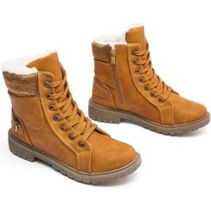 imageXRH Women Lace Up Combat Boot Winter SnowBoots Warm Fur Lined Ankle Booties Waterproof Hiking Boot for Women Non Slip Leather Boots ShoesCamel