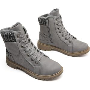 imageXRH Women Lace Up Combat Boot Winter SnowBoots Warm Fur Lined Ankle Booties Waterproof Hiking Boot for Women Non Slip Leather Boots ShoesDark Grey