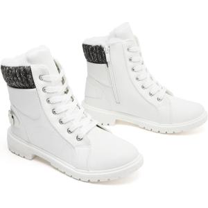 imageXRH Women Lace Up Combat Boot Winter SnowBoots Warm Fur Lined Ankle Booties Waterproof Hiking Boot for Women Non Slip Leather Boots ShoesWhite
