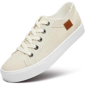 imageWomens Sneakers Canvas Shoes for Women Lace up Fashion Canvas Sneakers Classic Low Top Casual ShoesBeige