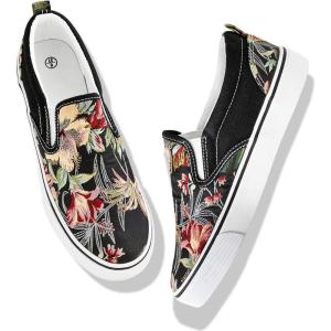 imageWomens Slip on Shoes Fashion Canvas Sneakers Low Top Casual Shoes Non Slip LoafersBlack Embroidery