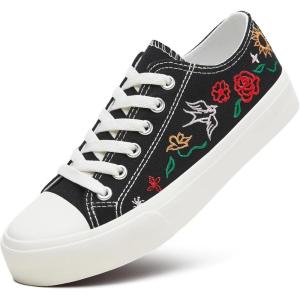 imageWomen Canvas Sneakers with Embroidered FlowerLace up White Tennis ShoesCasual Low Top Fashion SneakersBlack