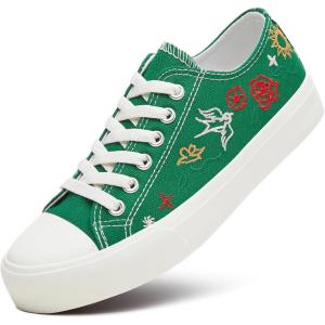 imageWomen Canvas Sneakers with Embroidered FlowerLace up White Tennis ShoesCasual Low Top Fashion SneakersGreen