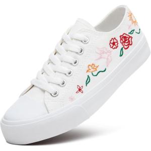 imageWomen Canvas Sneakers with Embroidered FlowerLace up White Tennis ShoesCasual Low Top Fashion SneakersWhite