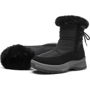 image:imageXRH Womens Black Waterproof Snow Boots Winter Mid Calf Fur Lined Boots for Women NonSlip Fuzzy Platform Booties for Cold WeatherBlack