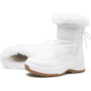 image:imageXRH Womens Black Waterproof Snow Boots Winter Mid Calf Fur Lined Boots for Women NonSlip Fuzzy Platform Booties for Cold WeatherWhite